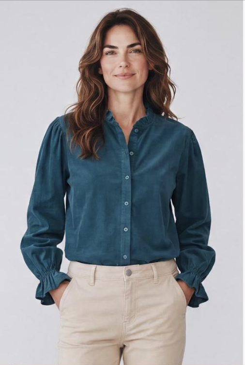 Sasa teal corduroy shirt with ruffle collar and long sleeves