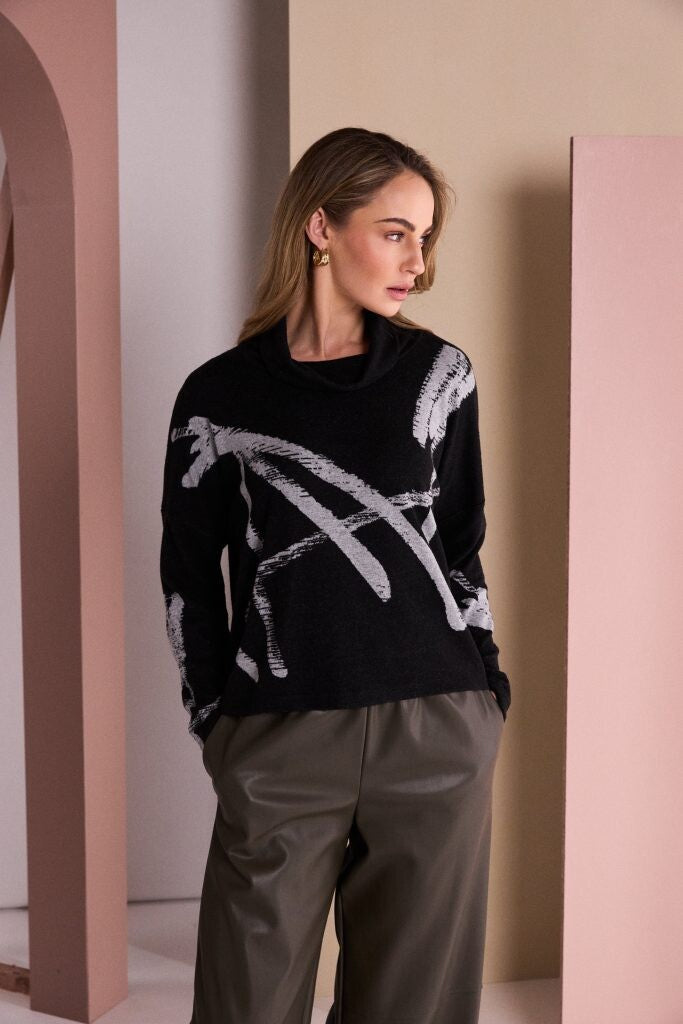 Naya Brush Stroke Print High Neck Top NAW26202 in Black and Silver