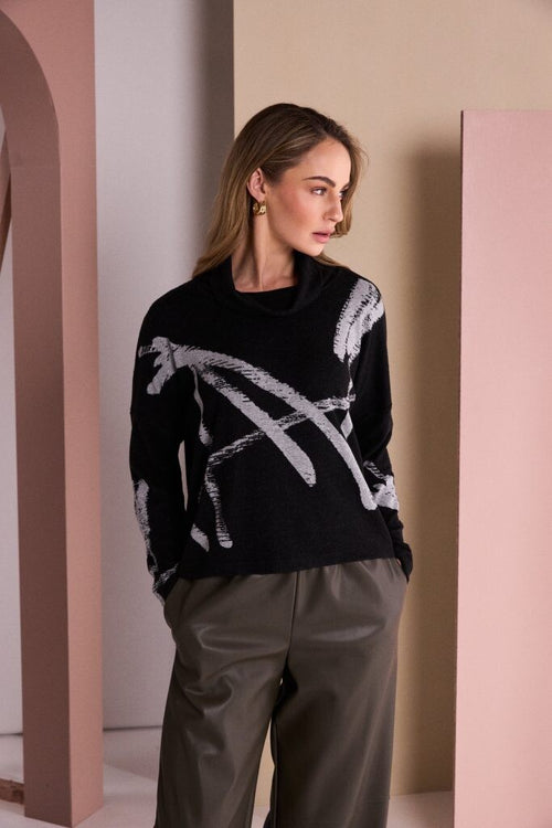 Naya Brush Stroke Print High Neck Top NAW26202 in Black and Silver