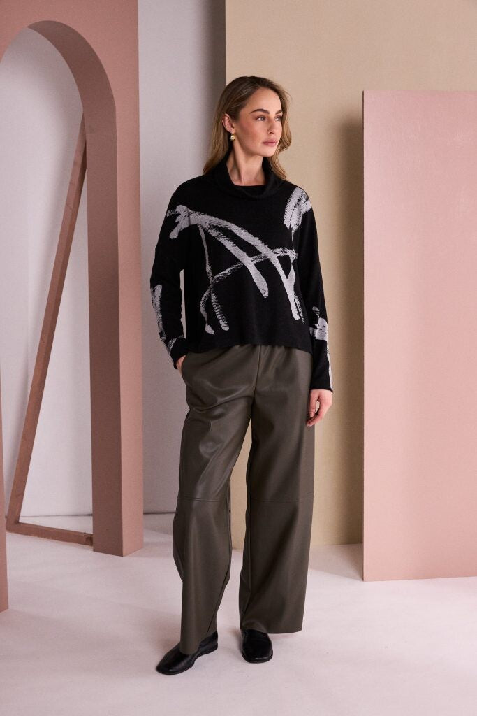 Naya Black and Silver long sleeve printed top NAW26202 with contemporary abstract design