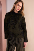 Naya Black and Thyme flocked knit top with funnel neck and drawstring detail