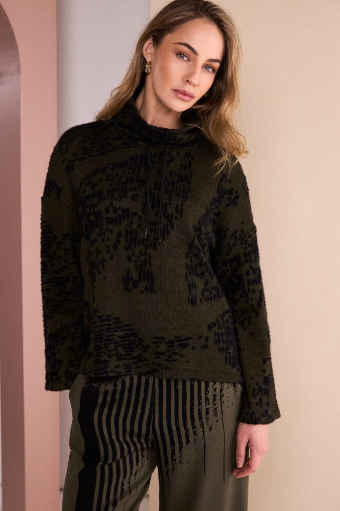 Naya Black and Thyme flocked knit top with funnel neck and drawstring detail