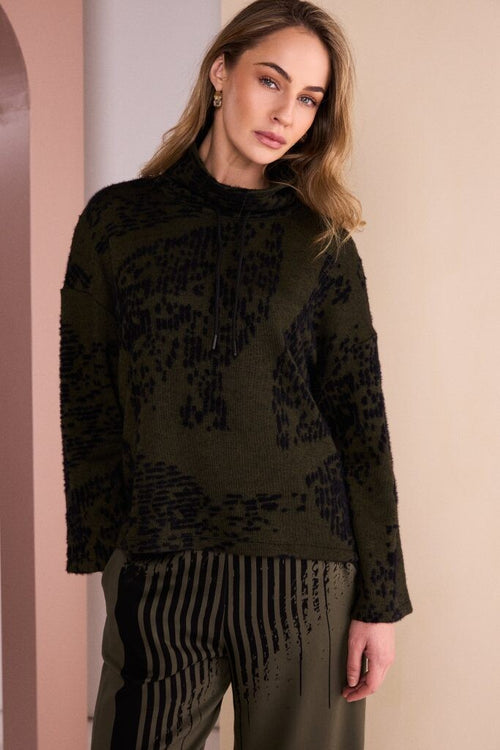 Naya Black and Thyme flocked knit top with funnel neck and drawstring detail