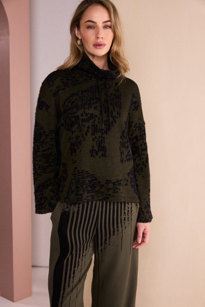 Naya NAW26238 relaxed high neck knit top with black textured print
