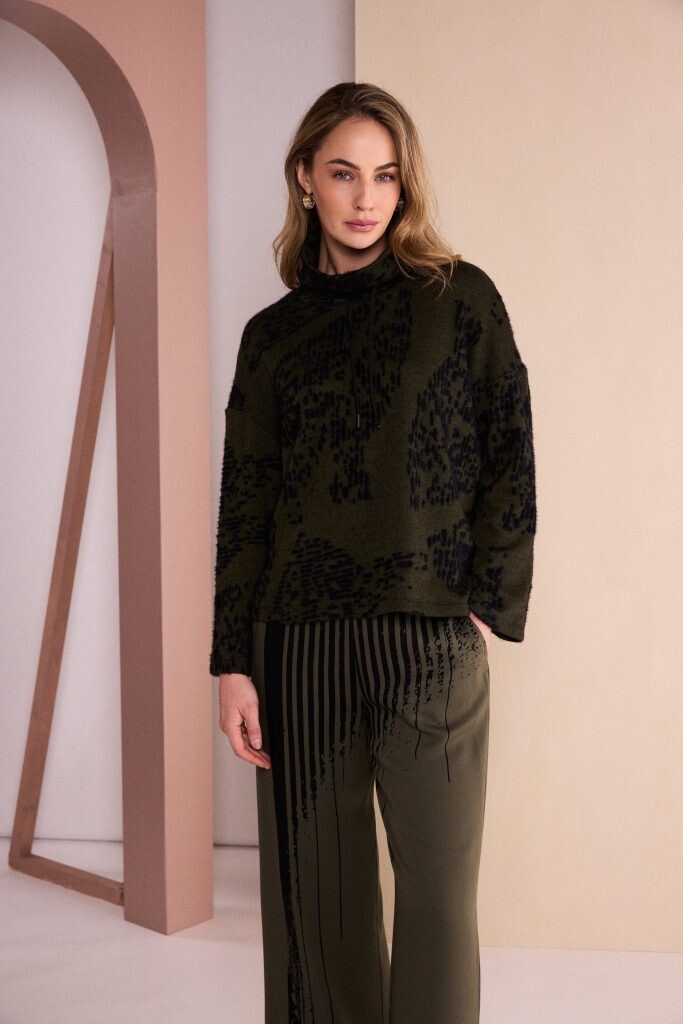 Naya Flocked Print Knit Top in Thyme styled with coordinating printed trousers