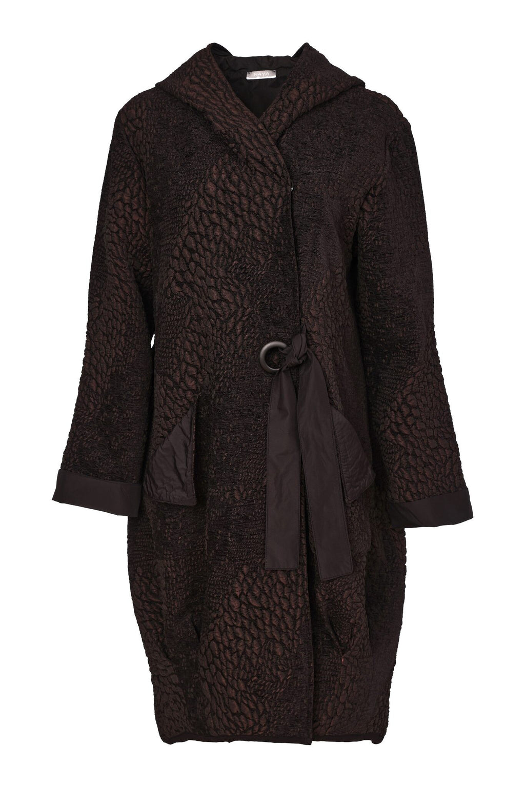 Naya designer coat with contrast pockets cuffs and tie fastening
