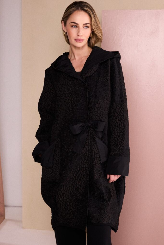 Naya longline jacquard coat with hood and ring tie detail