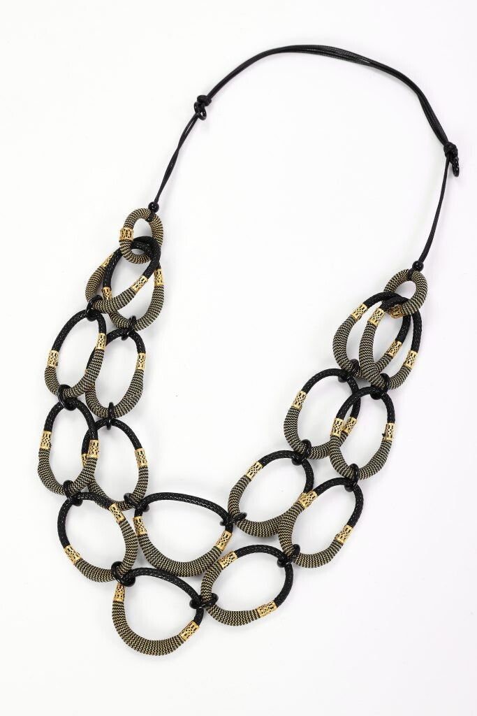 Naya Large Loop Necklace NAW26340 in black and gold with interconnecting oval loops