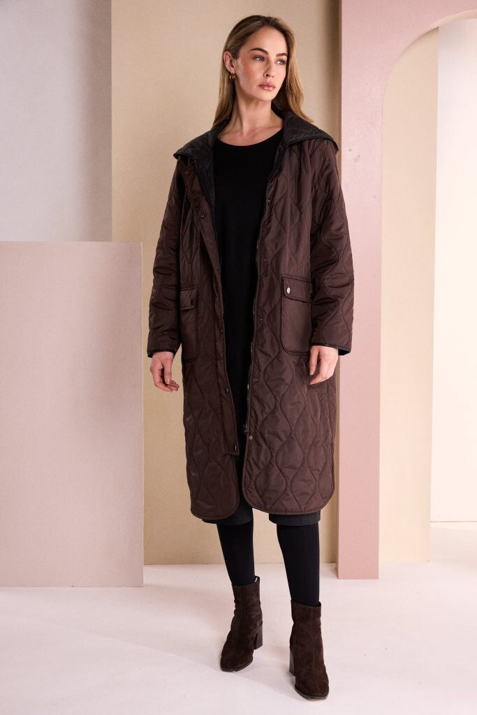 Naya padded longline coat NAW26196 deep brown quilted hooded coat front view