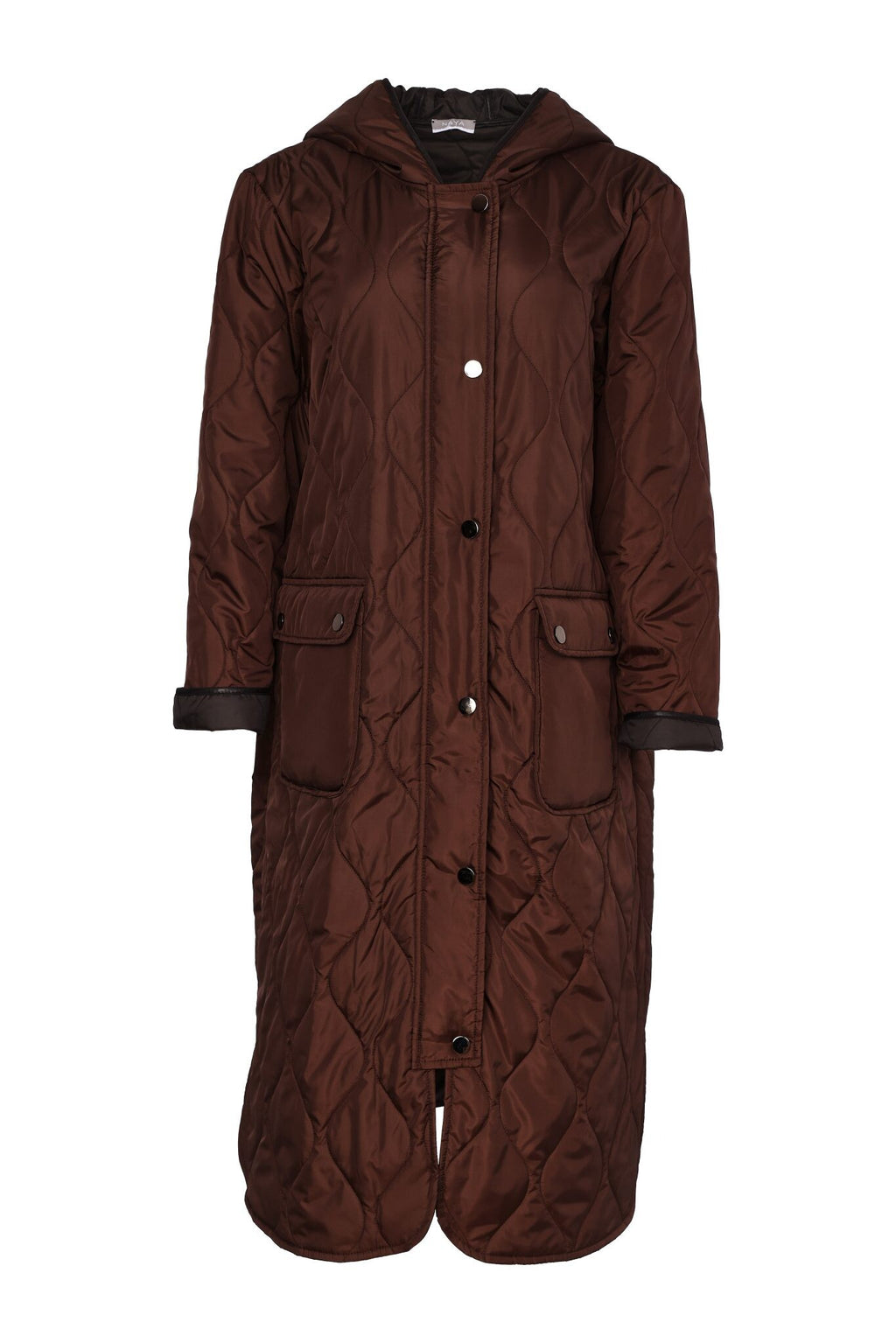 Naya NAW26196 padded longline coat in deep brown with hood and front flap pockets