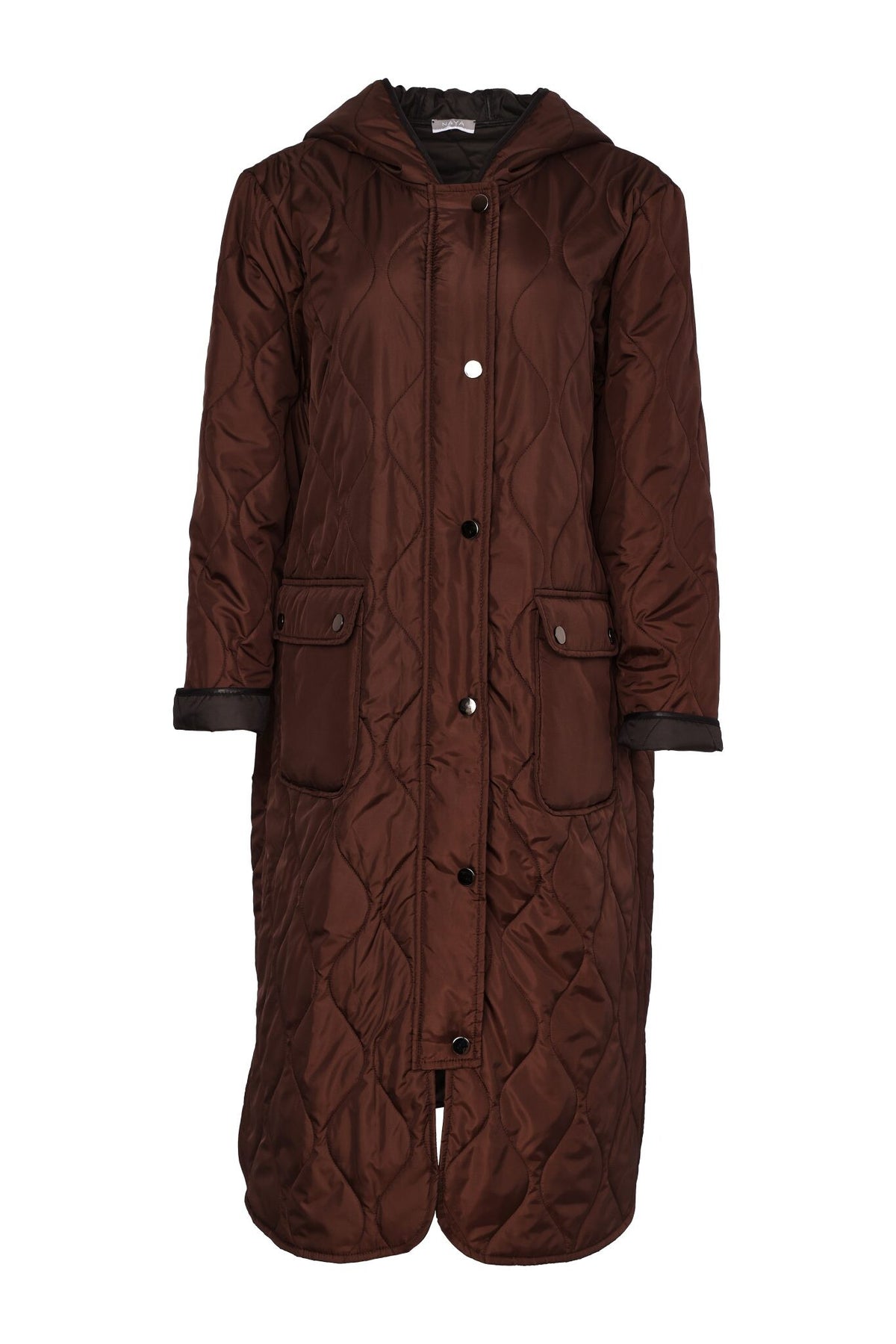 Naya NAW26196 padded longline coat in deep brown with hood and front flap pockets