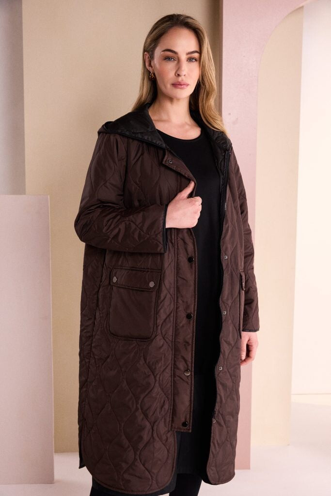 Naya padded quilted coat NAW26196 with drawstring hood and stud pocket detail
