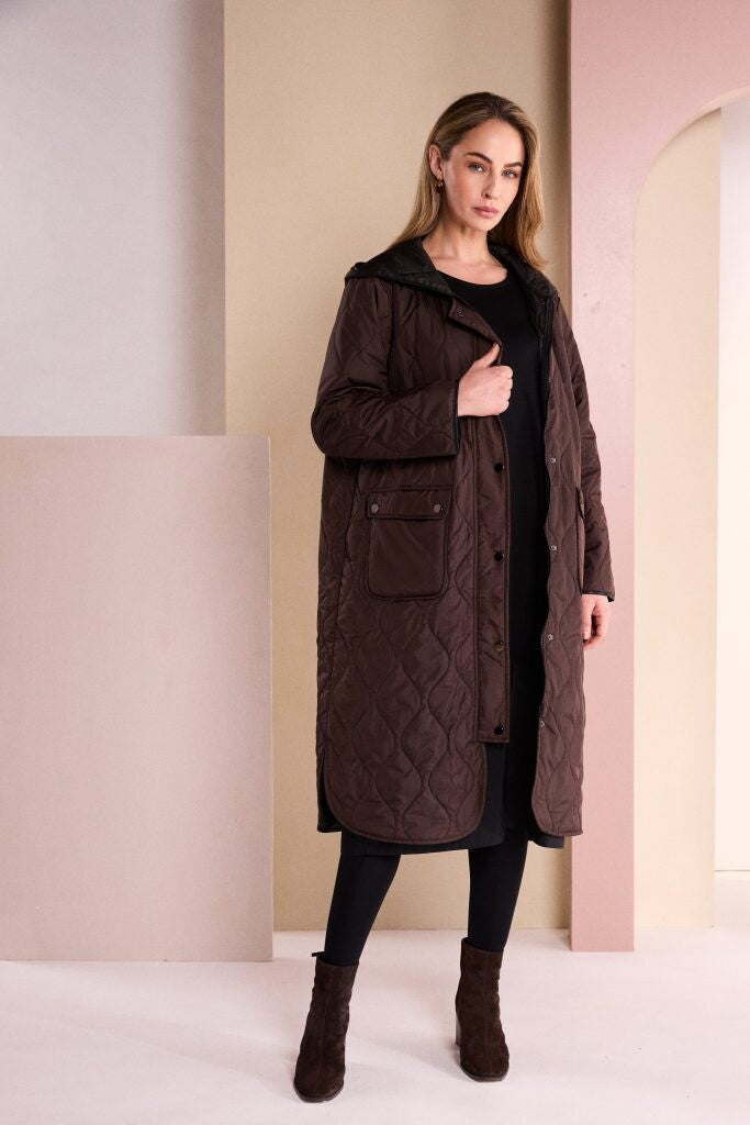 Naya NAW26196 brown padded long coat with hood stud fastening and front flap pockets