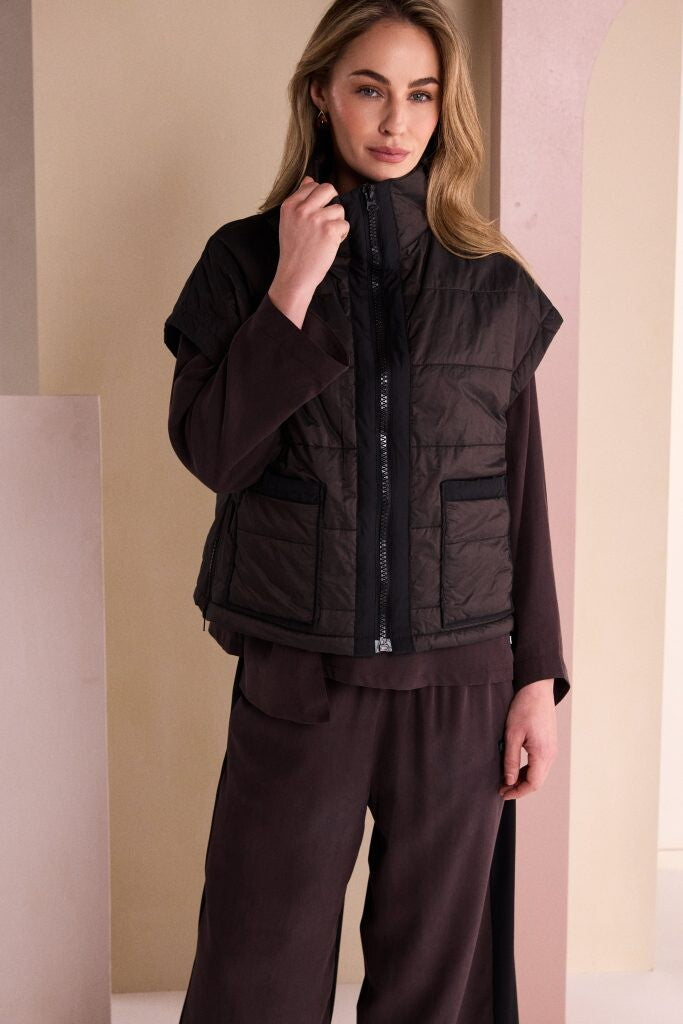 Naya Padded Short Waistcoat NAW26167 with funnel neck, contrast zip and patch pockets