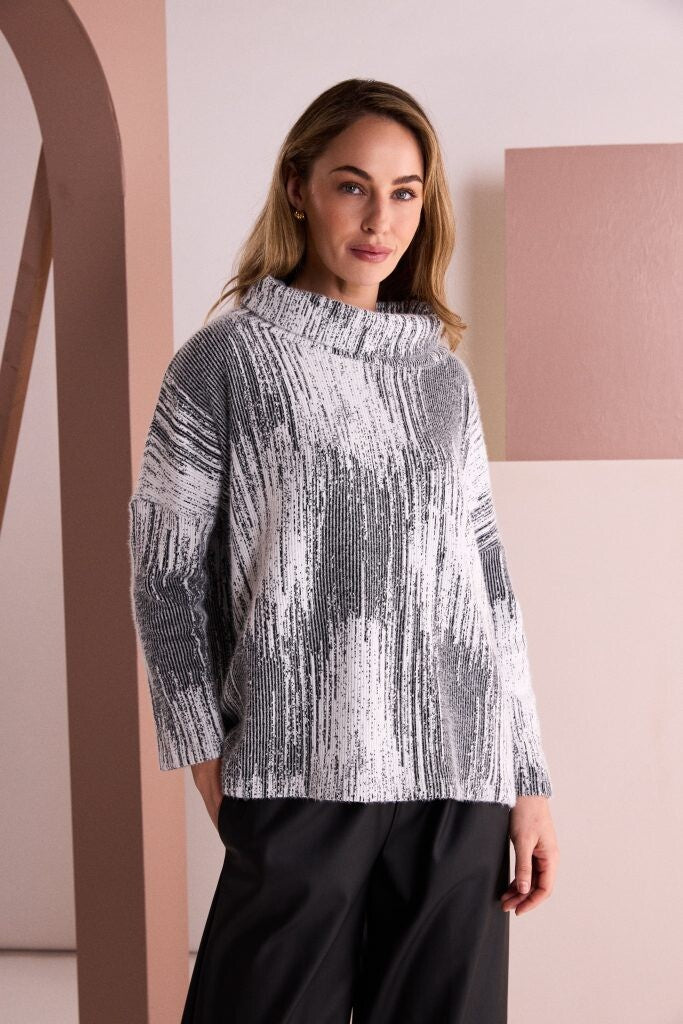 Naya Print High Neck Top NAW26205 with grey and cream abstract vertical design