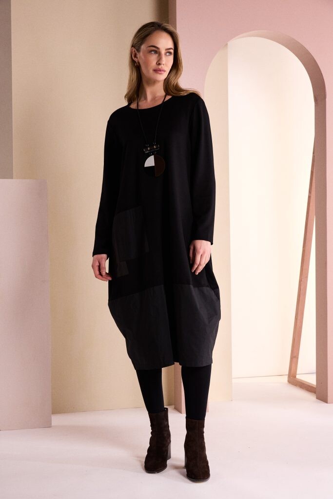 Naya Tulip Dress NAW26164 with detachable two-tone snood and contrast hem