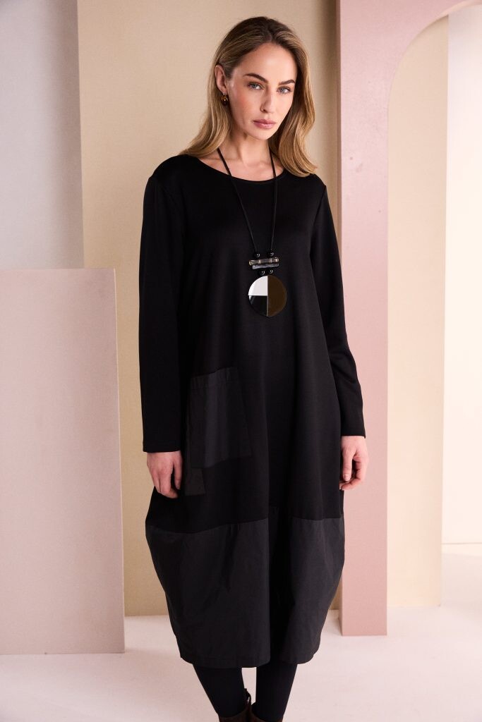 Naya women’s tulip dress with oversized patch pocket and long sleeves
