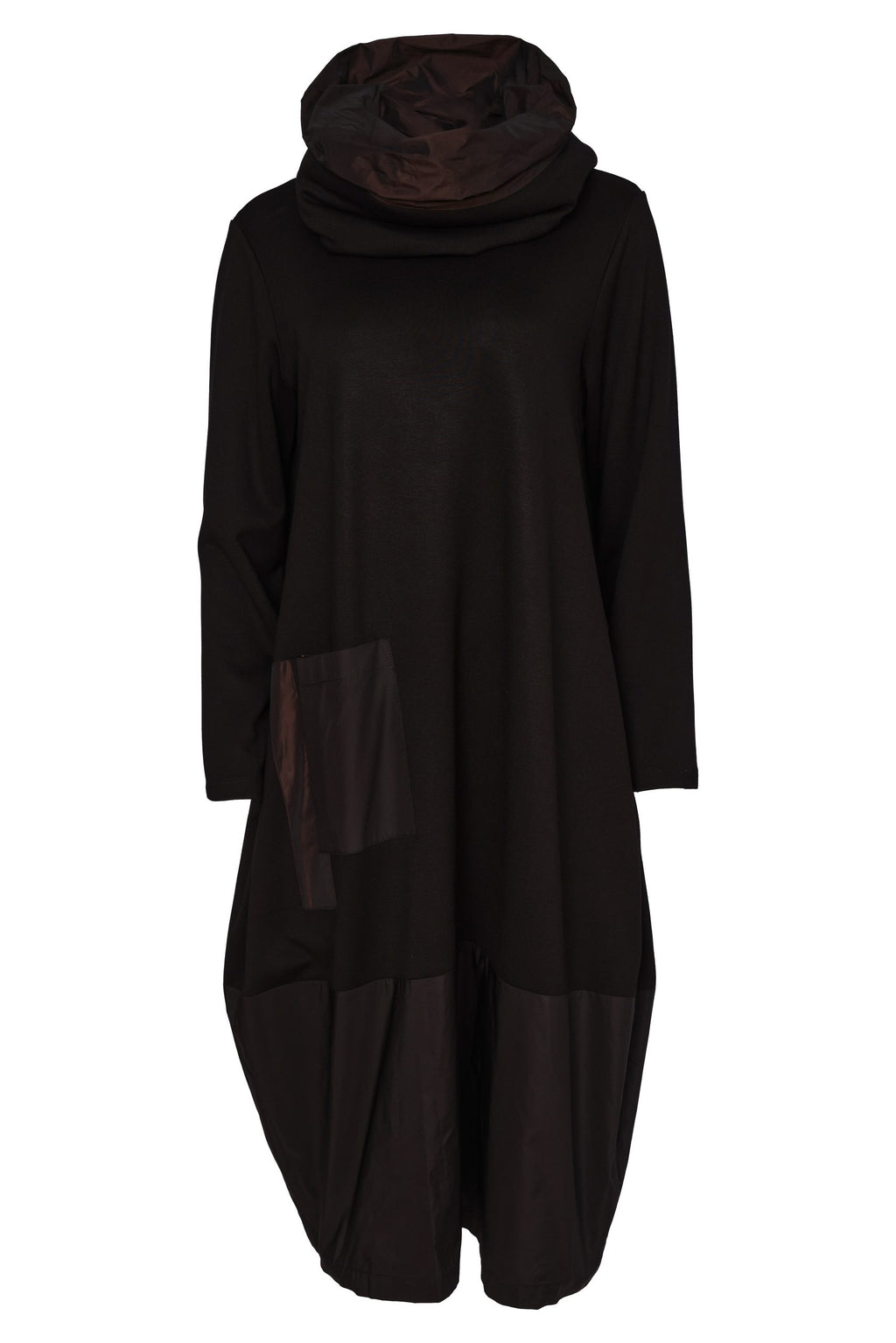 Naya contemporary jersey dress with round neck and detachable two-tone snood