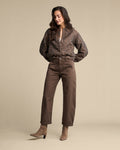 Red Button Jacquard Lurex Bomber Jacket in Grey Brown leopard print styled with brown trousers