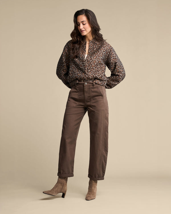 Red Button Jacquard Lurex Bomber Jacket in Grey Brown leopard print styled with brown trousers