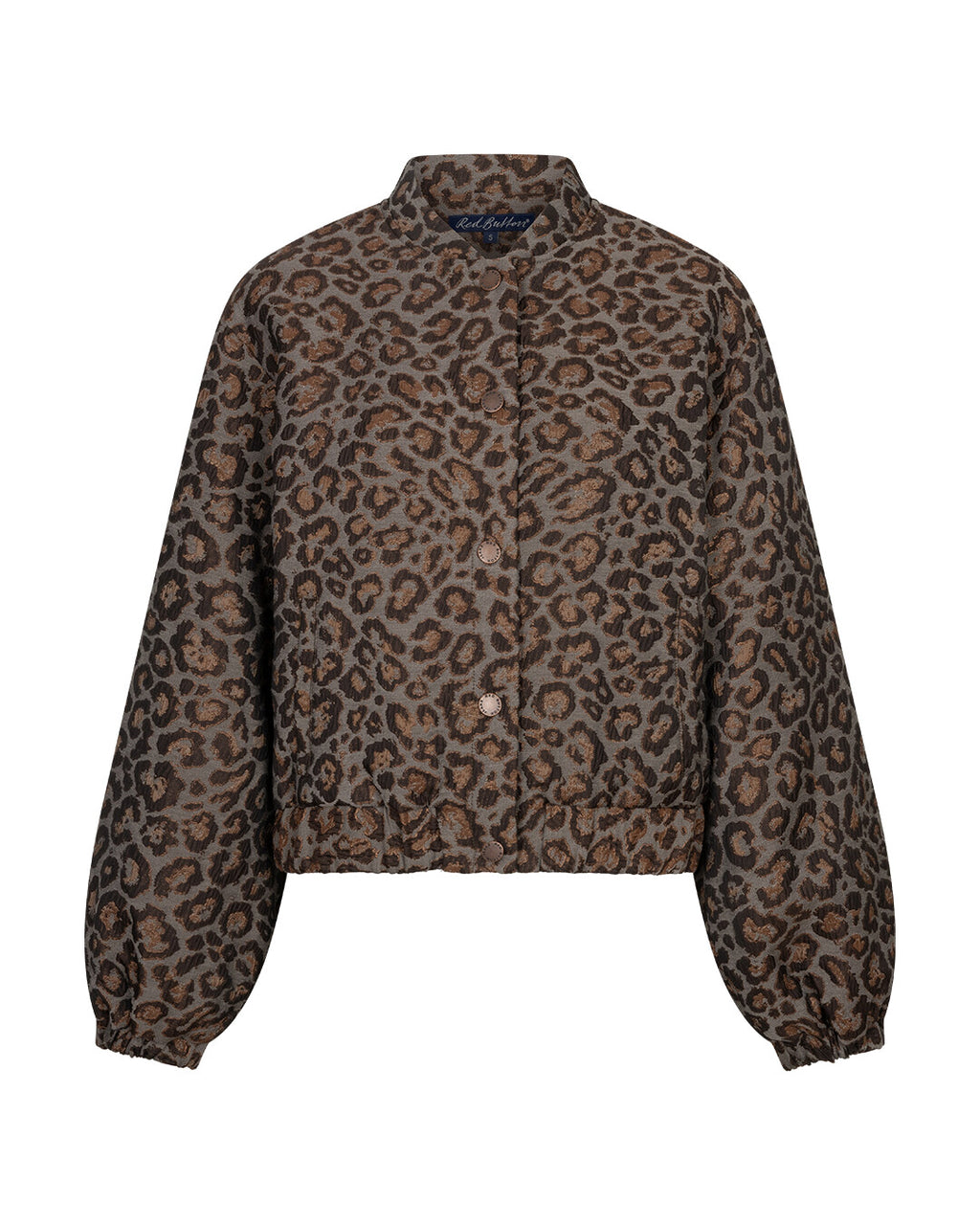 Red Button Grey Brown leopard bomber jacket with stand collar and button front