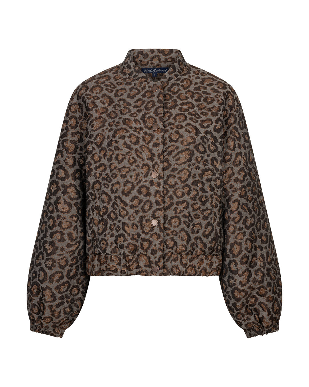 Red Button Grey Brown leopard bomber jacket with stand collar and button front