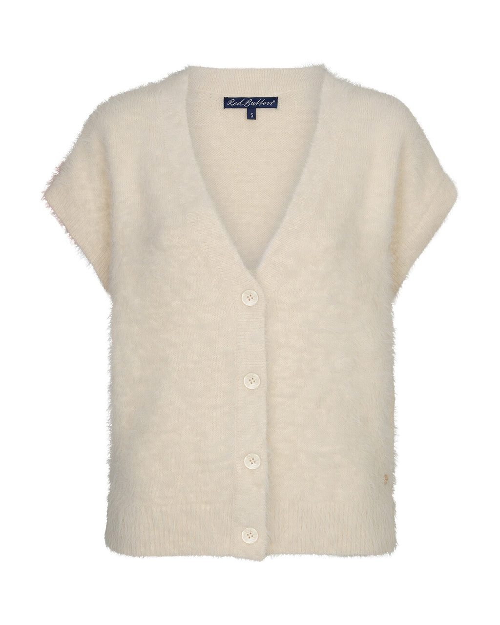 Red Button Sleeveless Fuzzy Cardigan in Cream with V-neck and button-front detail