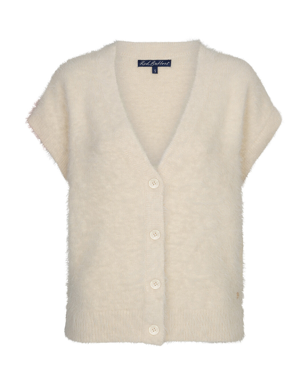 Red Button Sleeveless Fuzzy Cardigan in Cream with V-neck and button-front detail