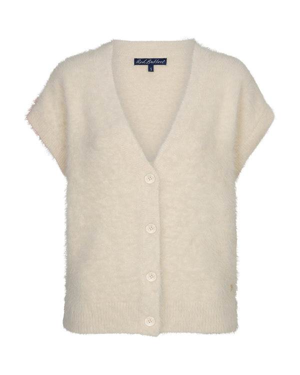 Red Button Sleeveless Fuzzy Cardigan in Cream with V-neck and button-front detail