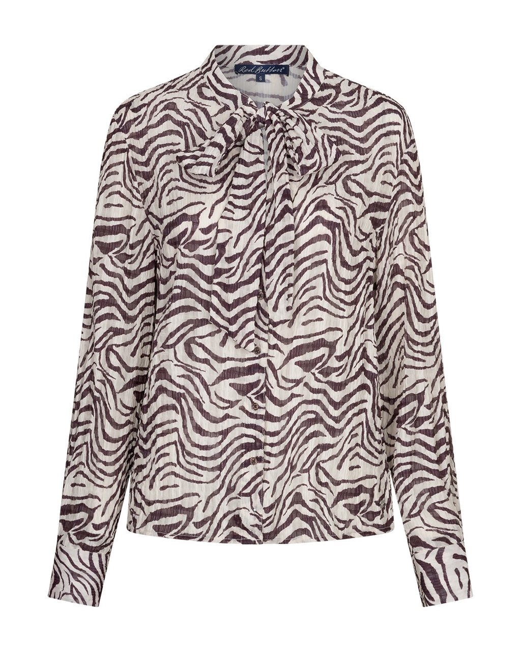 Red Button Zebra Blouse in Burgundy and cream with tie neck and button front