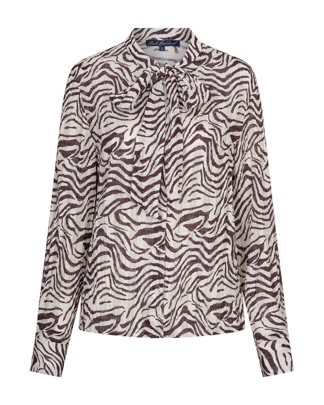 Red Button Zebra Blouse in Burgundy and cream with tie neck and button front