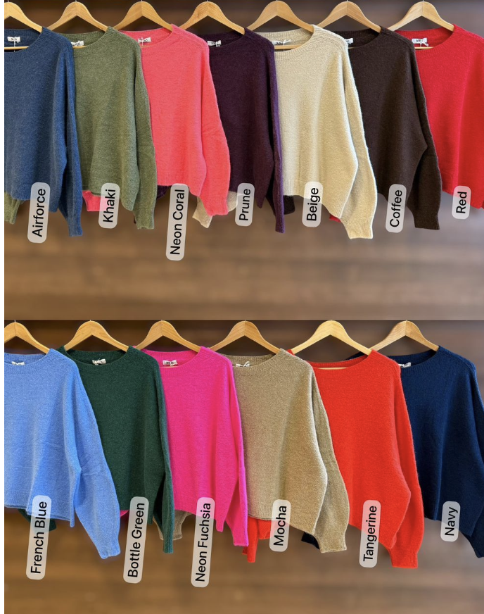 Sasa crew neck jumper colour range Airforce Khaki Beige Mocha and Tangerine