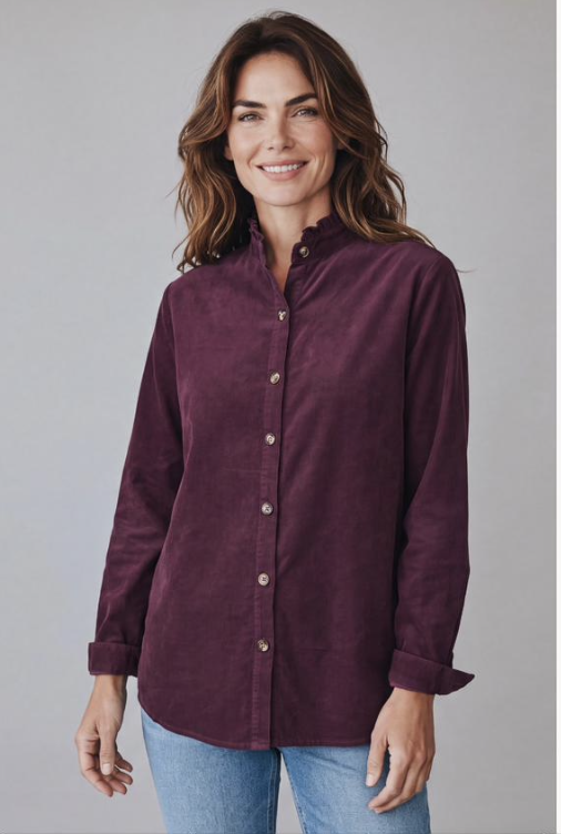 Sasa Corduroy Shirt in Mulberry with frilled collar and button front