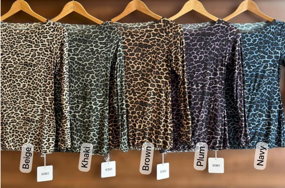Leopard print modal cashmere tops in Beige Khaki and Plum