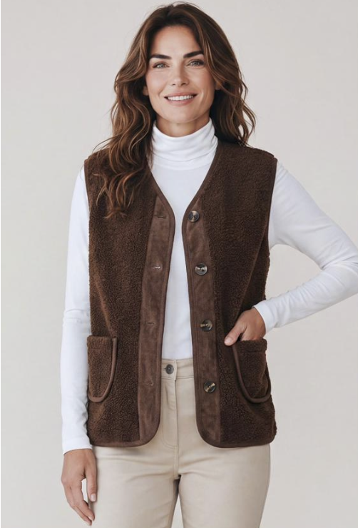 Sasa Teddy Gilet in Chocolate with corduroy trim and patch pockets